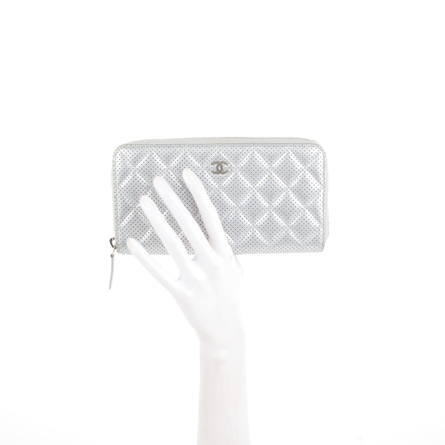 Perforated Metallic Lambskin Quilted Zip Around Wallet Light Silver