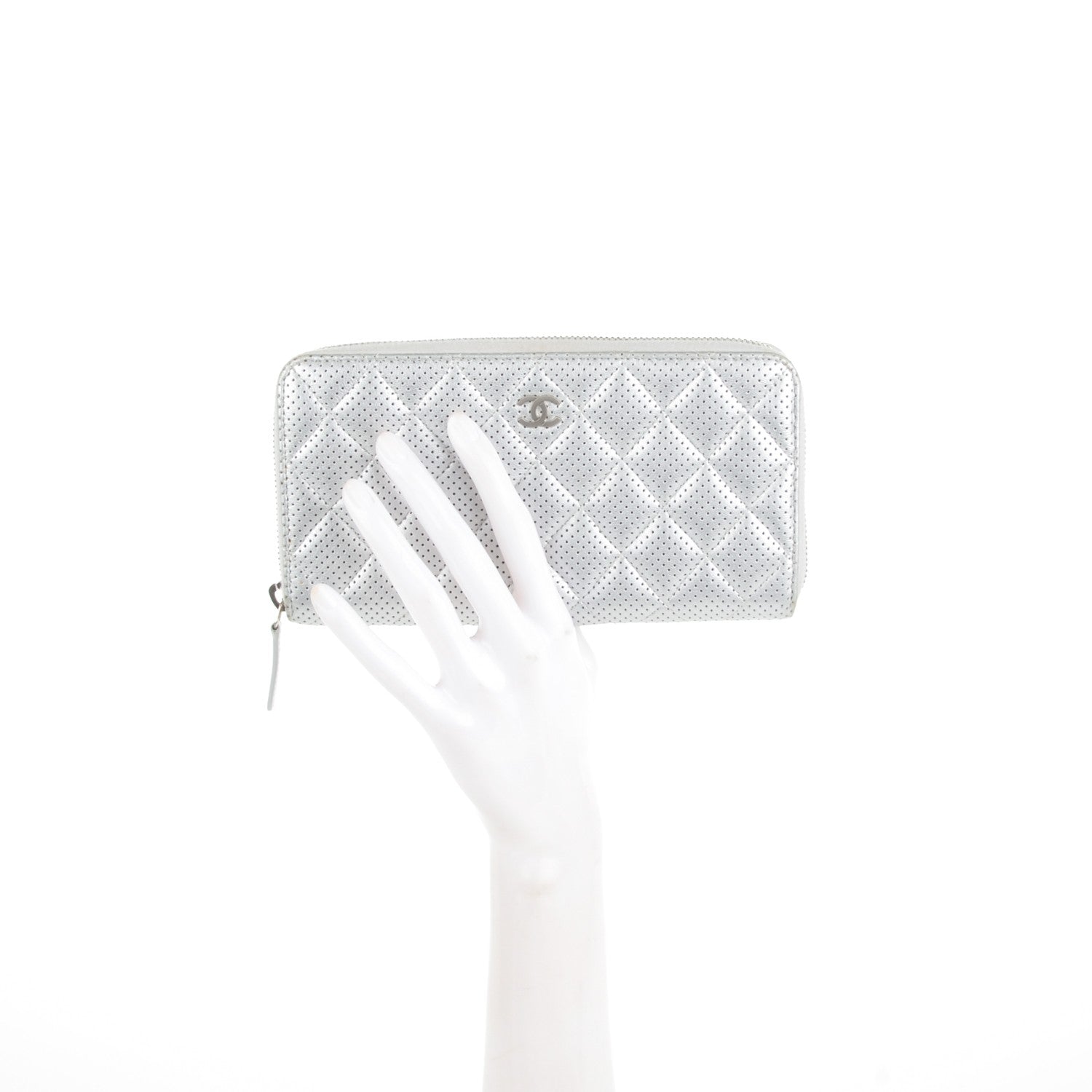 Chanel Perforated Metallic Lambskin Quilted Zip Around Wallet Light Silver 2 of 8