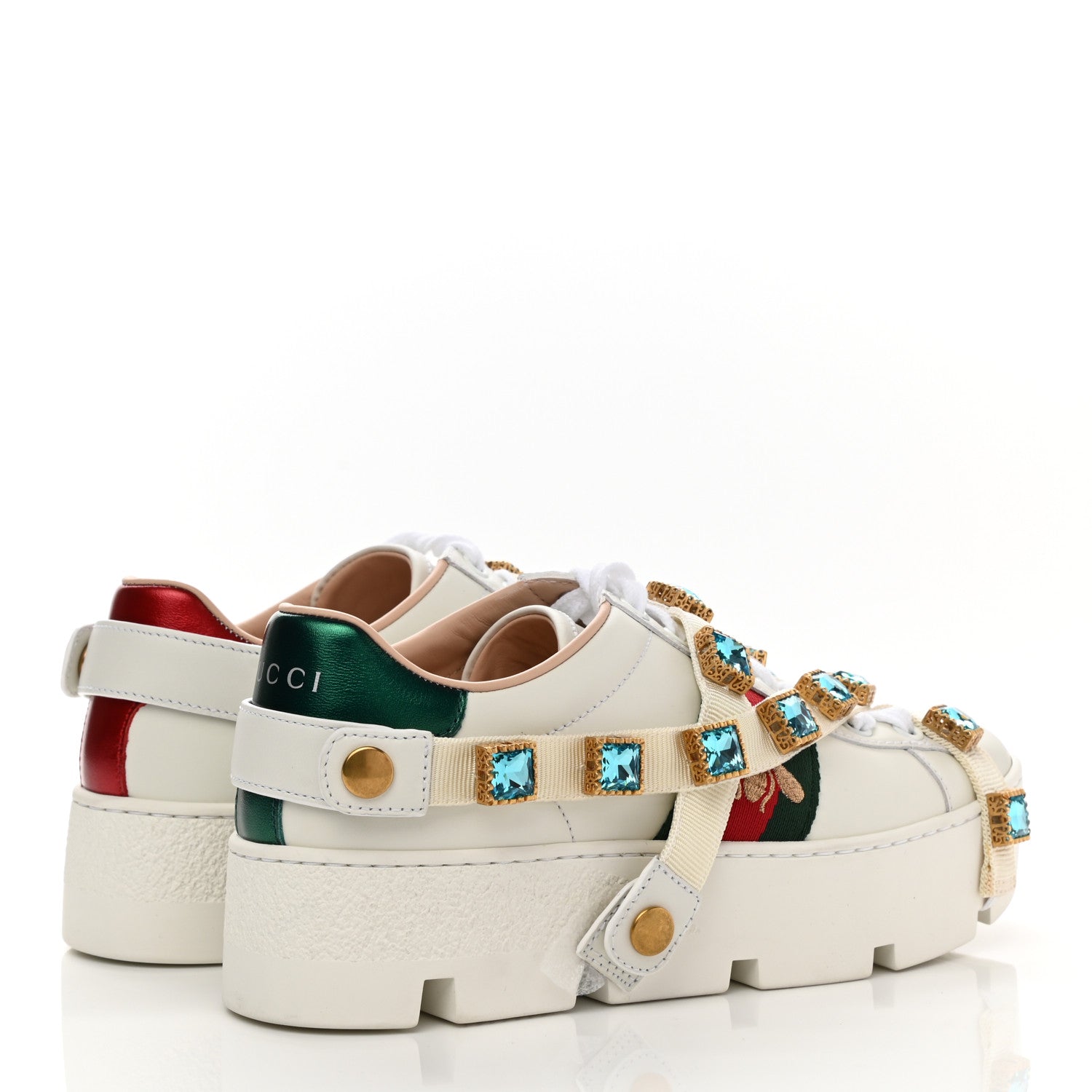 Gucci Calfskin Removable Crystals Bee Embroidered Ace Platform Sneakers 35 White 4 of 12