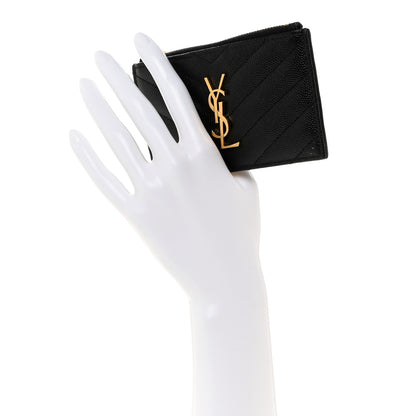 Saint Laurent Grain De Poudre Matelasse Chevron Monogram Fragments Zippered Card Case Black 2 of 8