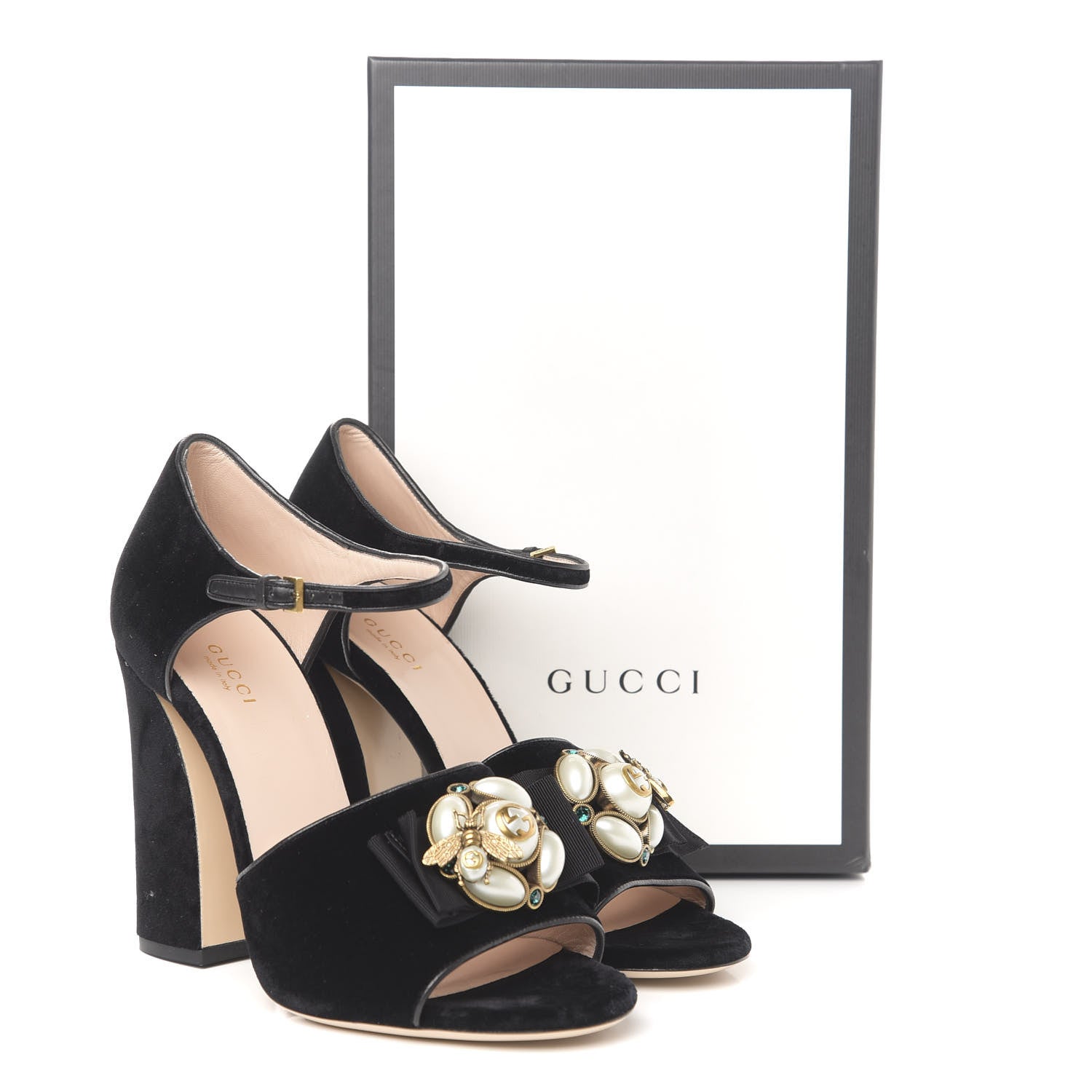 Gucci Velvet Pearl Bee Embellished Sandals 40 Black 8 of 8
