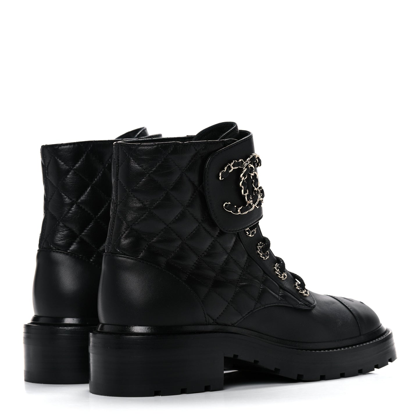 Shiny Lambskin Quilted Lace Up Combat Boots 36.5 Black