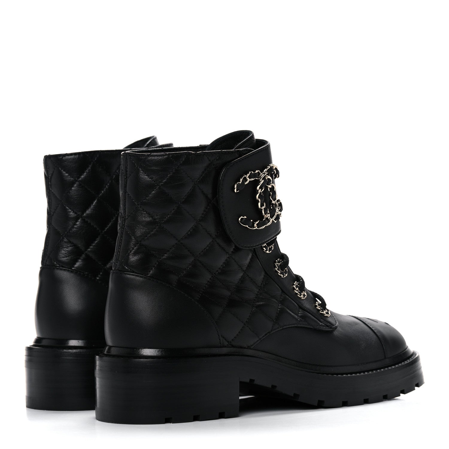 Chanel Shiny Lambskin Quilted Lace Up Combat Boots 36.5 Black 4 of 9