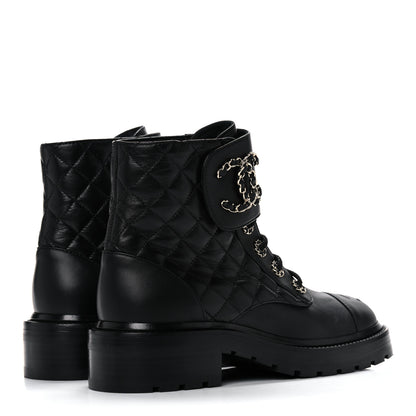 Chanel Shiny Lambskin Quilted Lace Up Combat Boots 36.5 Black 4 of 9