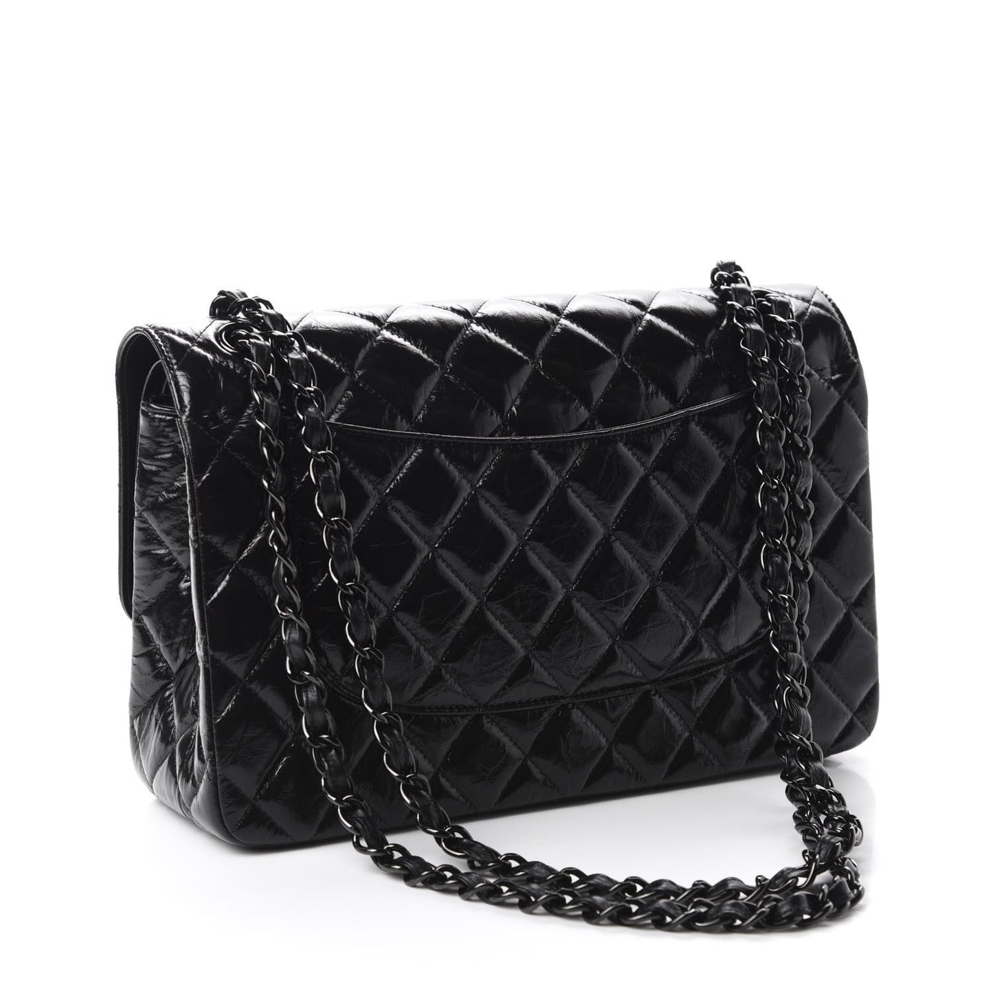 Shiny Distressed Calfskin Quilted Jumbo Double Flap So Black