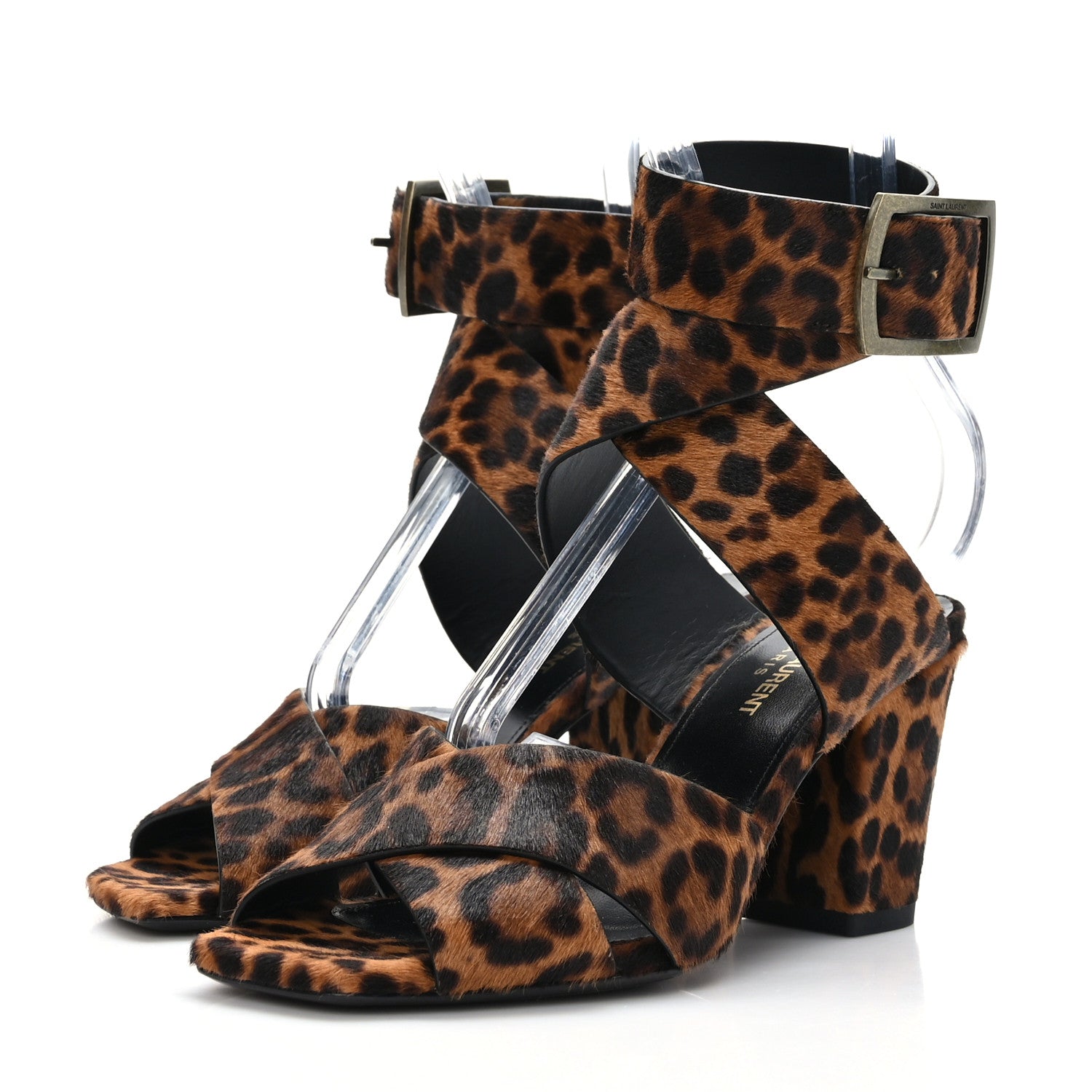 Saint Laurent Ponyhair Leopard Print Oak 75 Ankle Strap Sandals 37.5 Brown 4 of 8