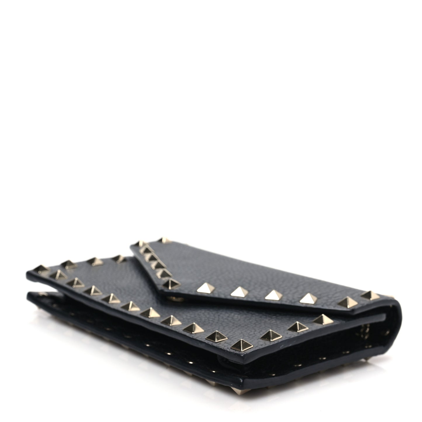 Pebbled Calfskin Rockstud Envelope Wallet on Chain Black