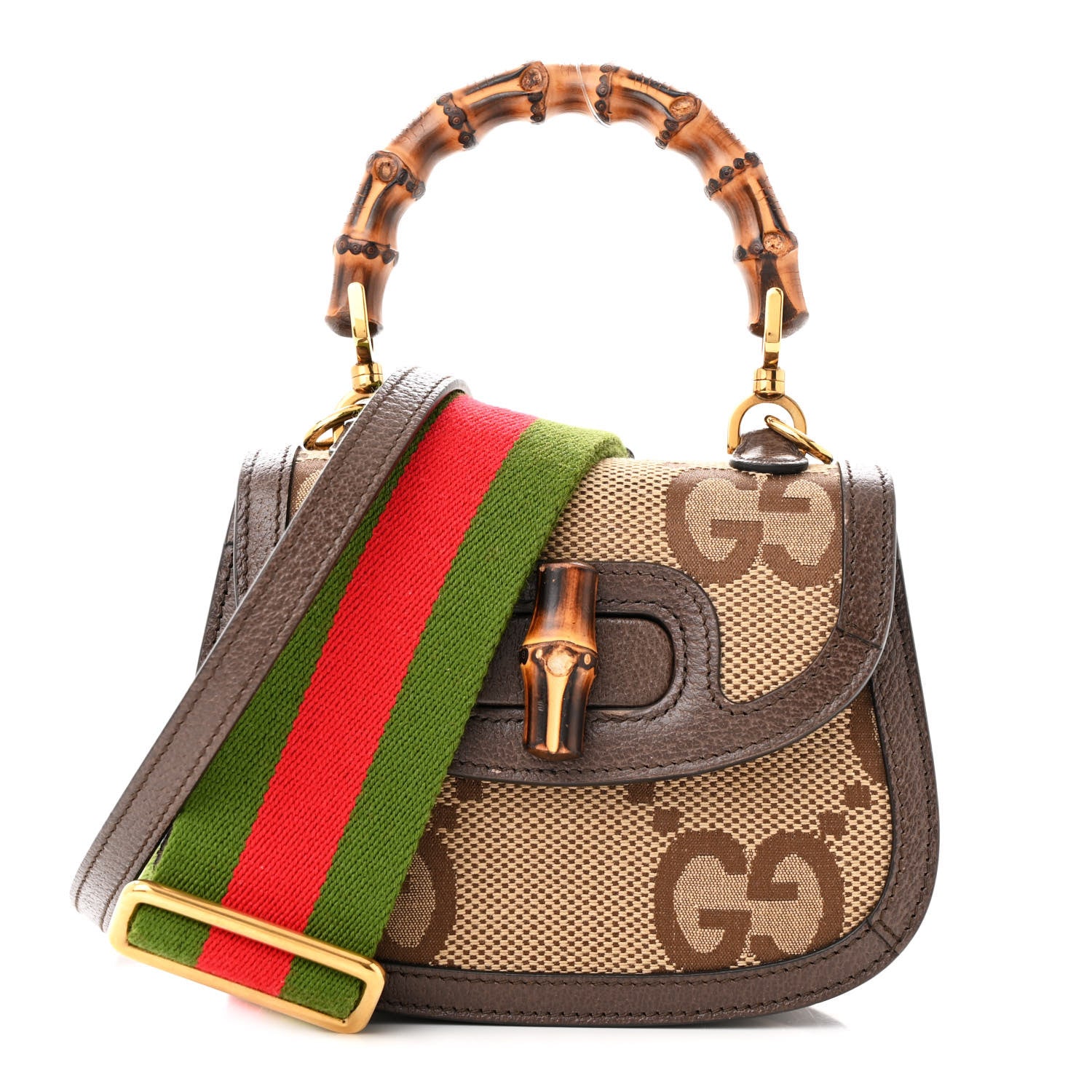 Gucci Monogram Jumbo GG Textured Dollar Calfskin Web Mini Bamboo 1947 Top Handle Bag Camel Ebony New Acero 1 of 15