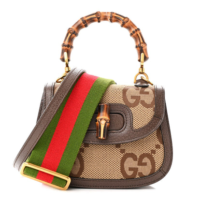 Gucci Monogram Jumbo GG Textured Dollar Calfskin Web Mini Bamboo 1947 Top Handle Bag Camel Ebony New Acero 1 of 15