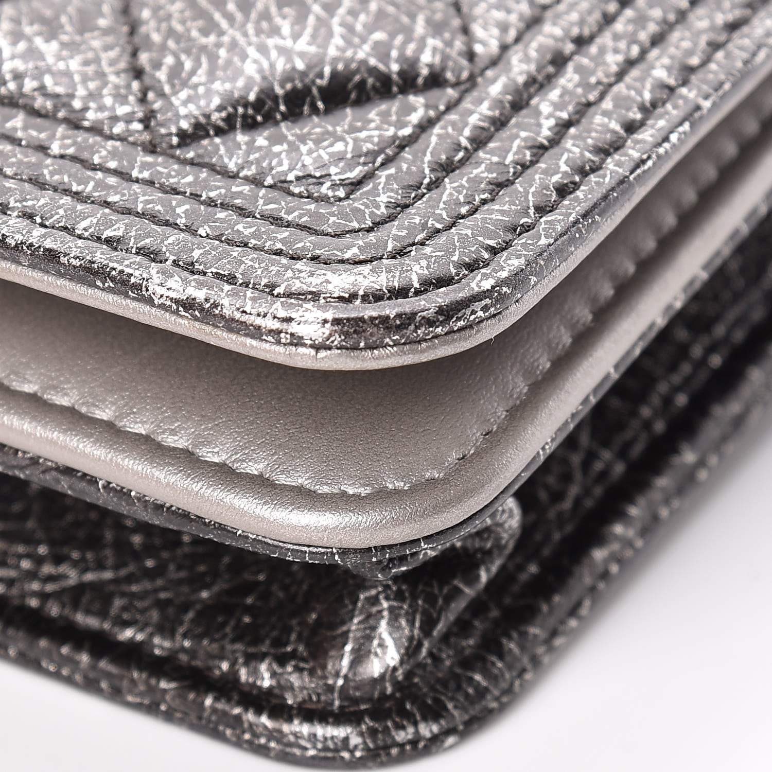 Chanel Cracked Metallic Calfskin Quilted Boy Wallet On Chain WOC Dark Silver 11 of 19