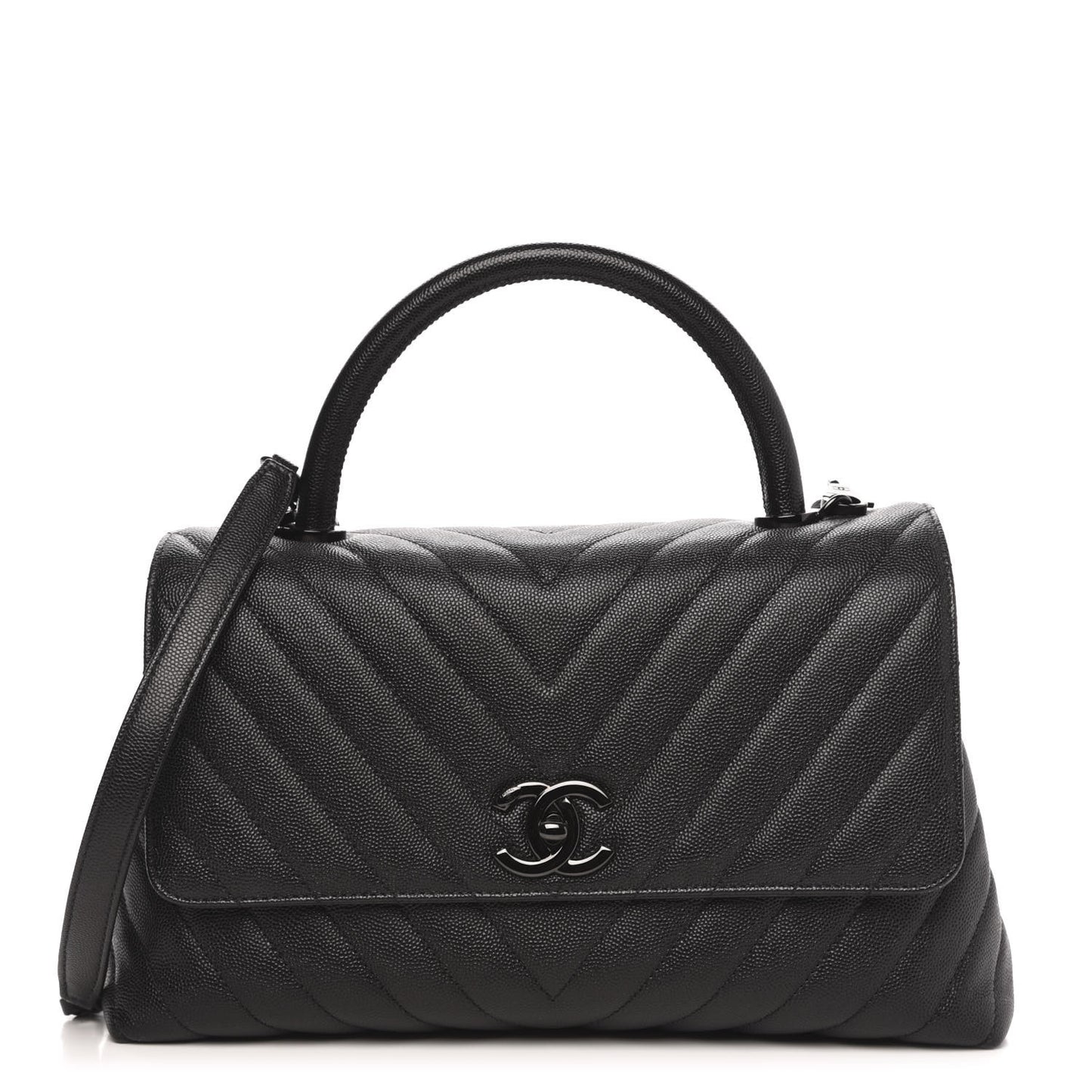 Caviar Chevron Quilted Small Coco Handle Flap So Black