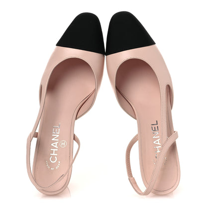 Chanel Calfskin Grosgrain Cap Toe CC Slingback Pumps 39 Light Pink Black 2 of 14