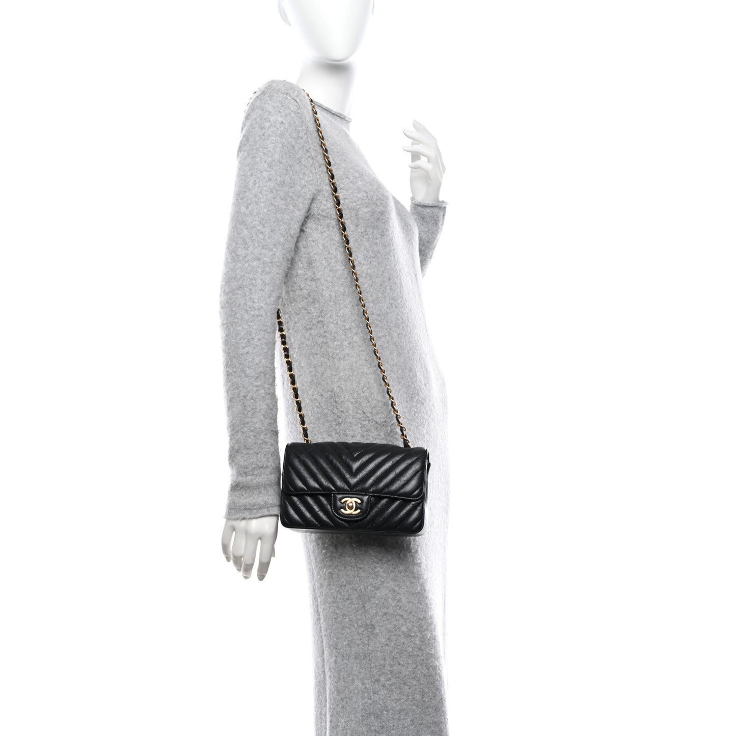 Iridescent Calfskin Chevron Quilted Mini Rectangular Flap Black