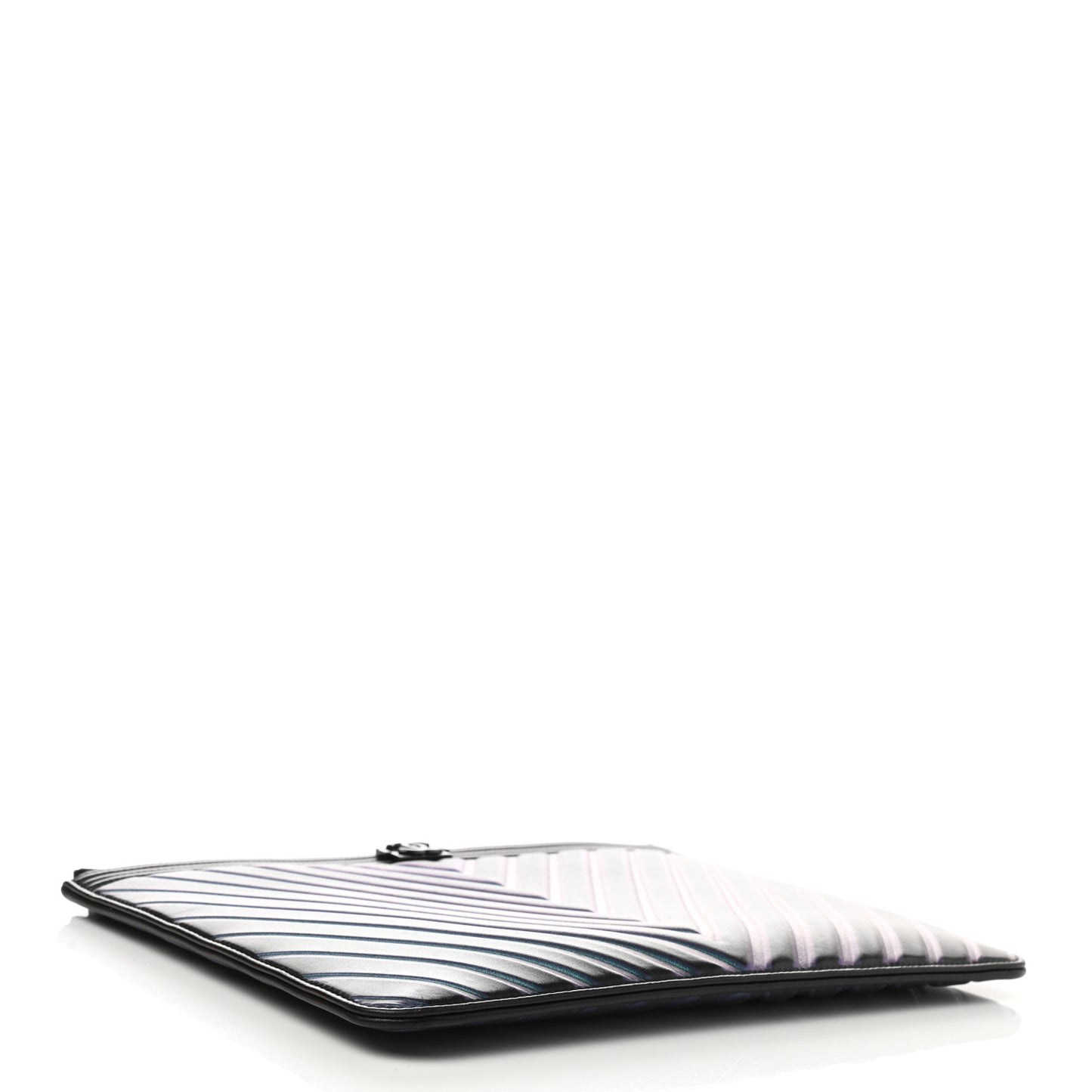 Calfskin Painted Chevron Embossed Large Boy Zip Pouch Black