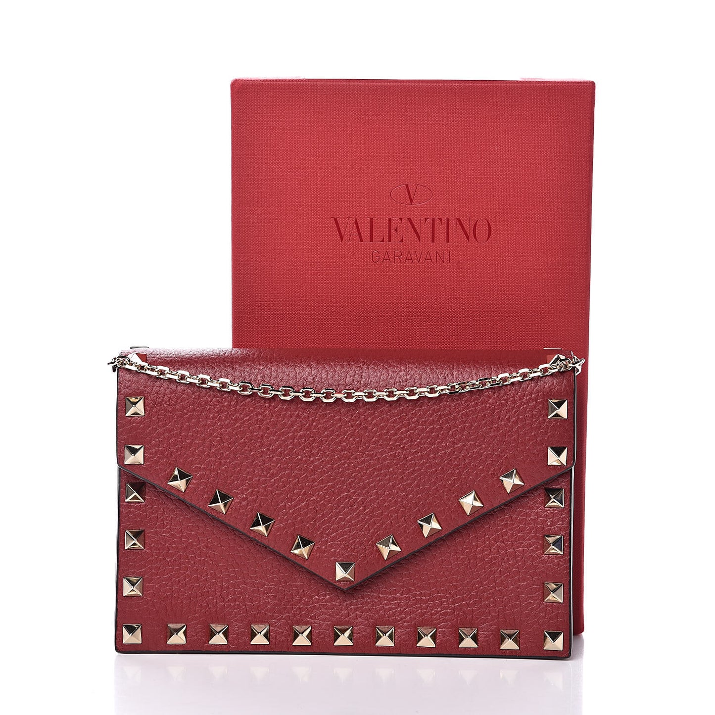 Pebbled Calfskin Rockstud Envelope Wallet on Chain Rubino