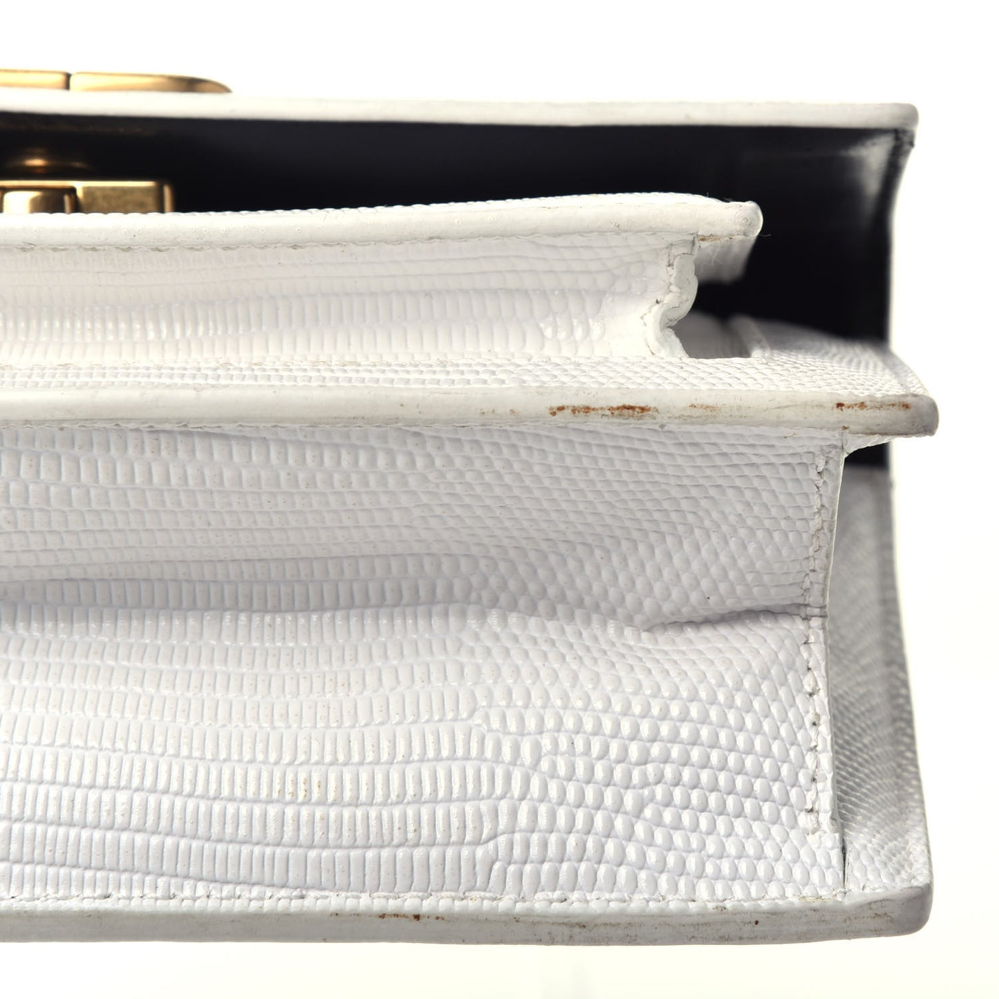 Patent Calfskin Lizard Embossed XS Sharp Top Handle Bag White