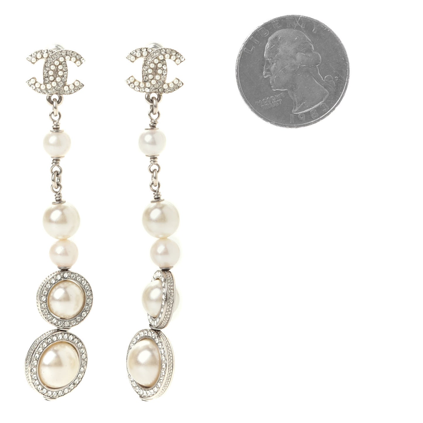 Crystal CC Pearl Drop Earrings Silver
