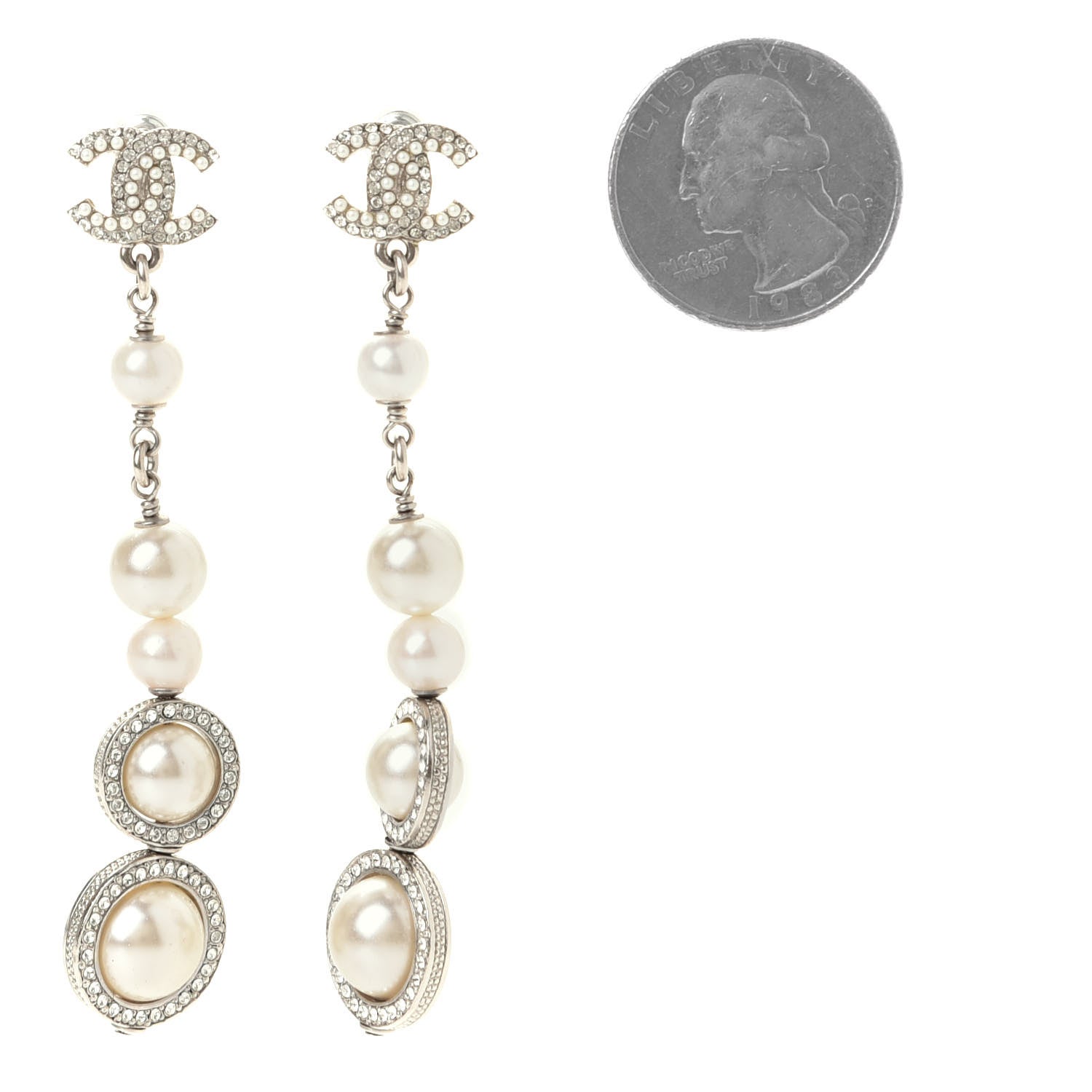 Chanel Crystal CC Pearl Drop Earrings Silver 4 of 7