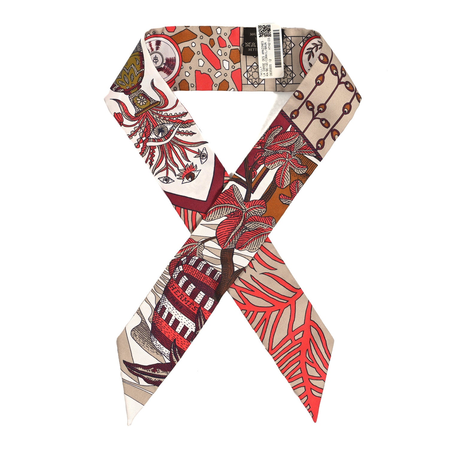 Hermes Silk La Danse Des Amazones Twilly Beige Corail Brun 1 of 4
