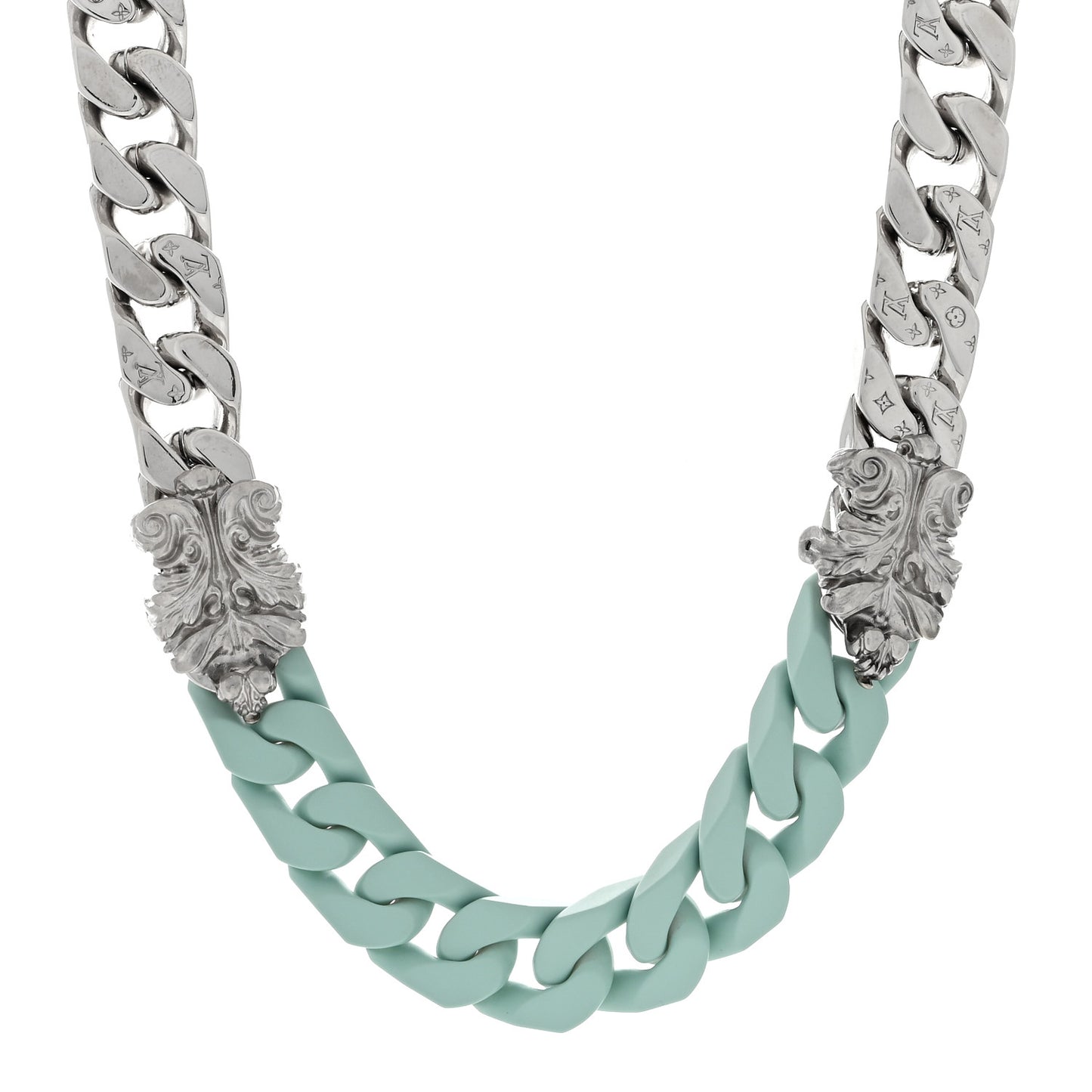 Metal Ceramic LV Sculpture Necklace Silver Blue