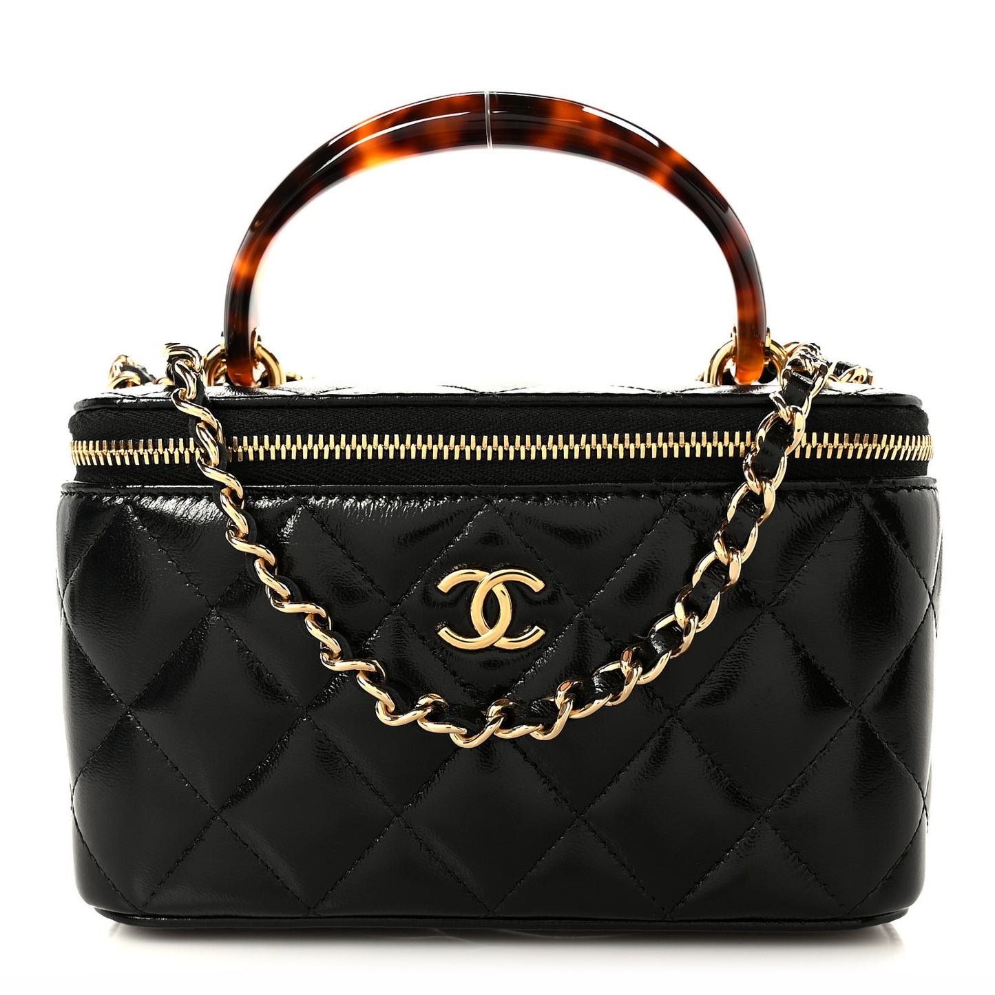 Shiny Lambskin Quilted Small Plexiglass Top Handle Vanity Case With Chain Black Tortoise