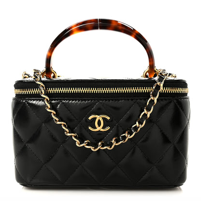 Chanel Shiny Lambskin Quilted Small Plexiglass Top Handle Vanity Case With Chain Black Tortoise 1 of 11