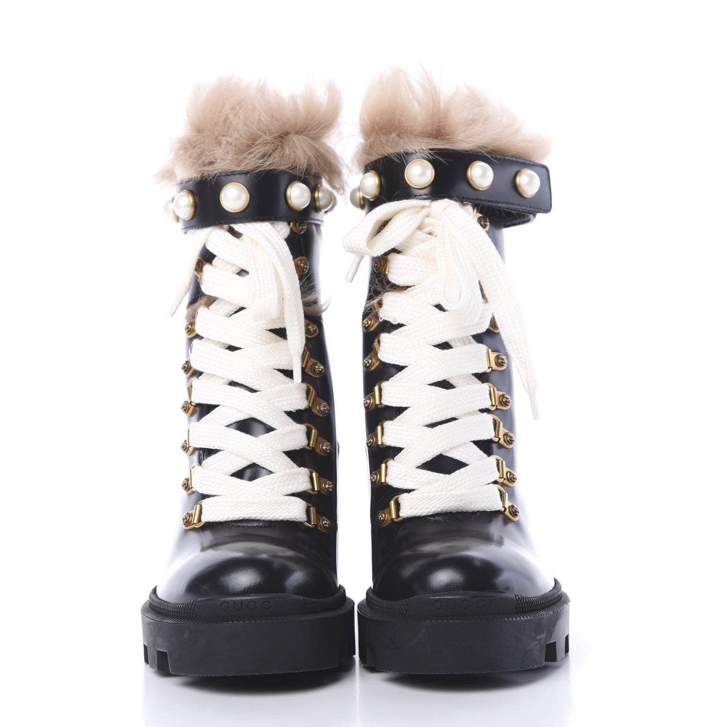 Magnum Calfskin Fur Pearl Lace Up Combat Ankle Boots 37 Black Naturale
