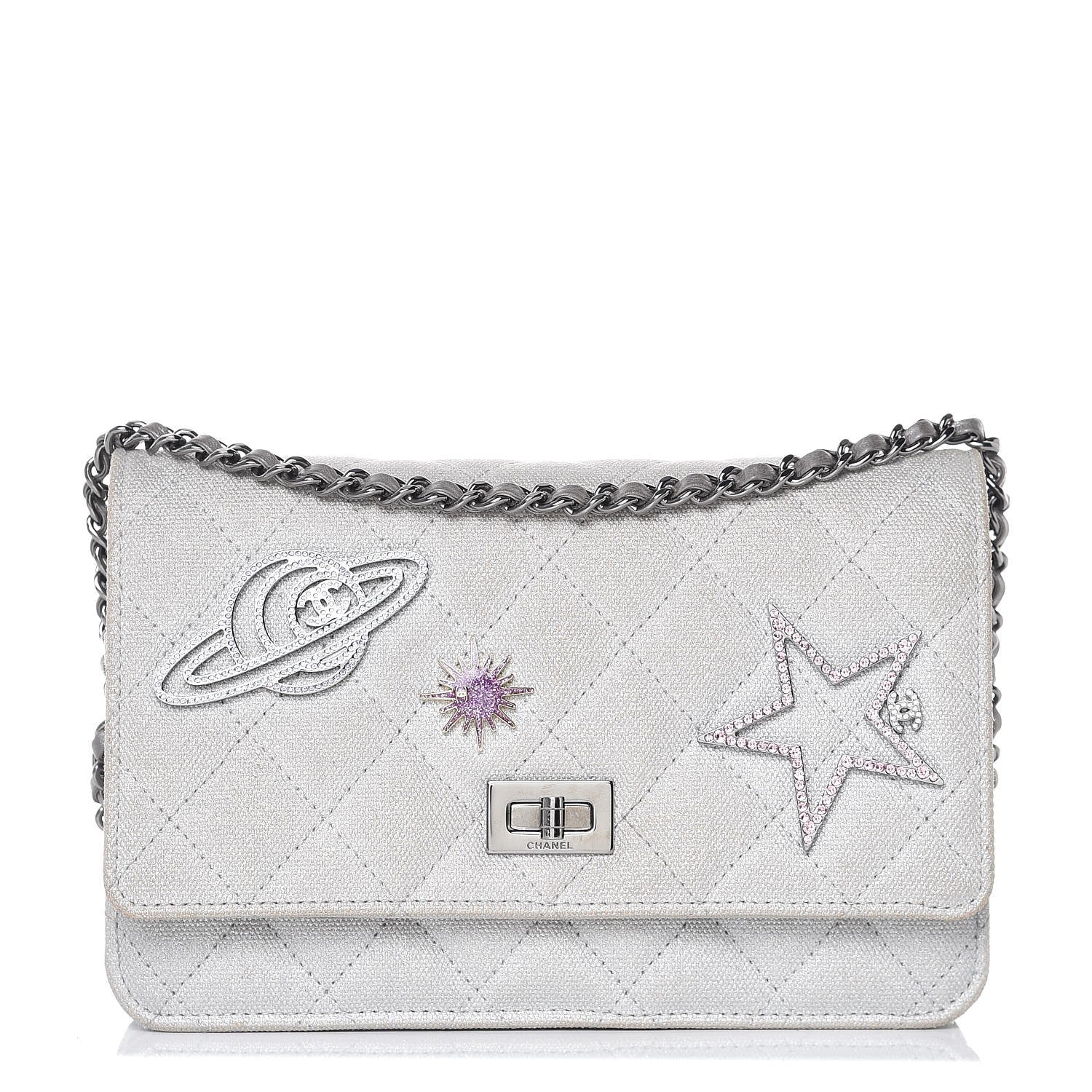 Chanel Metallic Canvas Quilted Space Charms Wallet On Chain WOC Silver 1 of 11