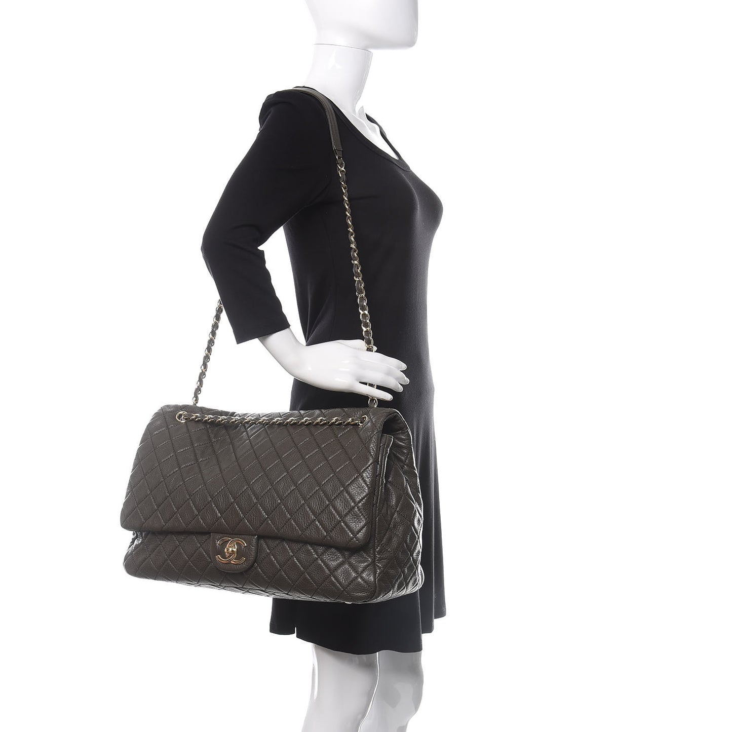 Metallized Calfskin Quilted XXL Travel Flap Bag Khaki