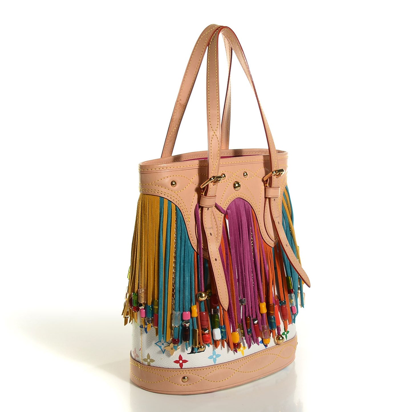 Monogram Multicolor Fringe Bucket with Accessories Pouch White