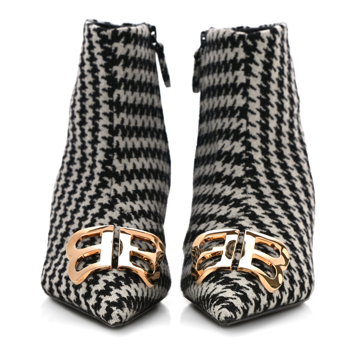Wool Houndstooth BB Pointy Toe Ankle Booties 39 Black Ivory