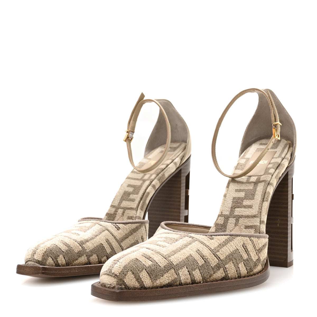 Fendi Chenille Jacquard FF Cut Baguette Ankle Strap 105mm Pumps 41 Tortora Nuvola 4 of 8