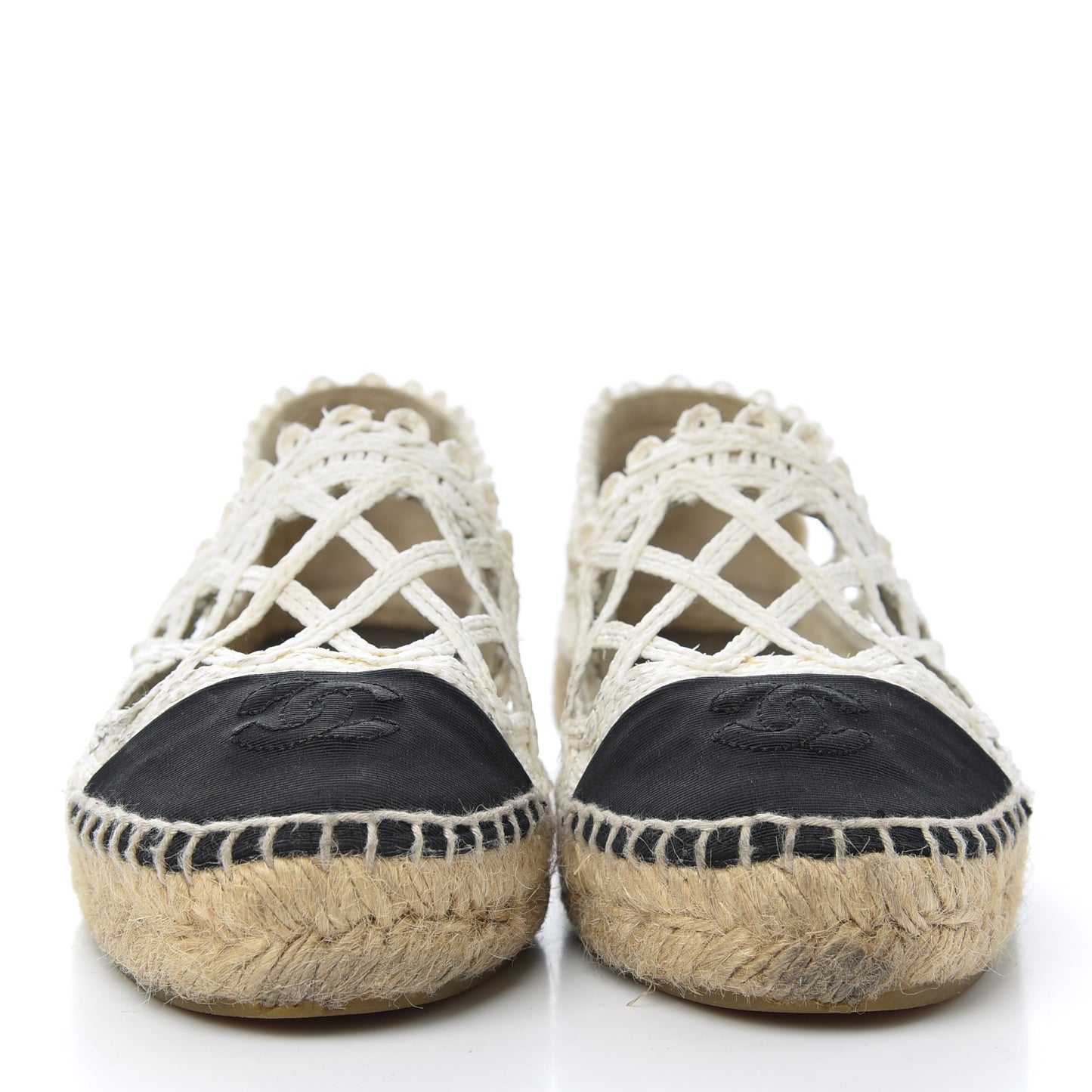 Woven Fabric Grosgrain CC Espadrilles 37 White Black