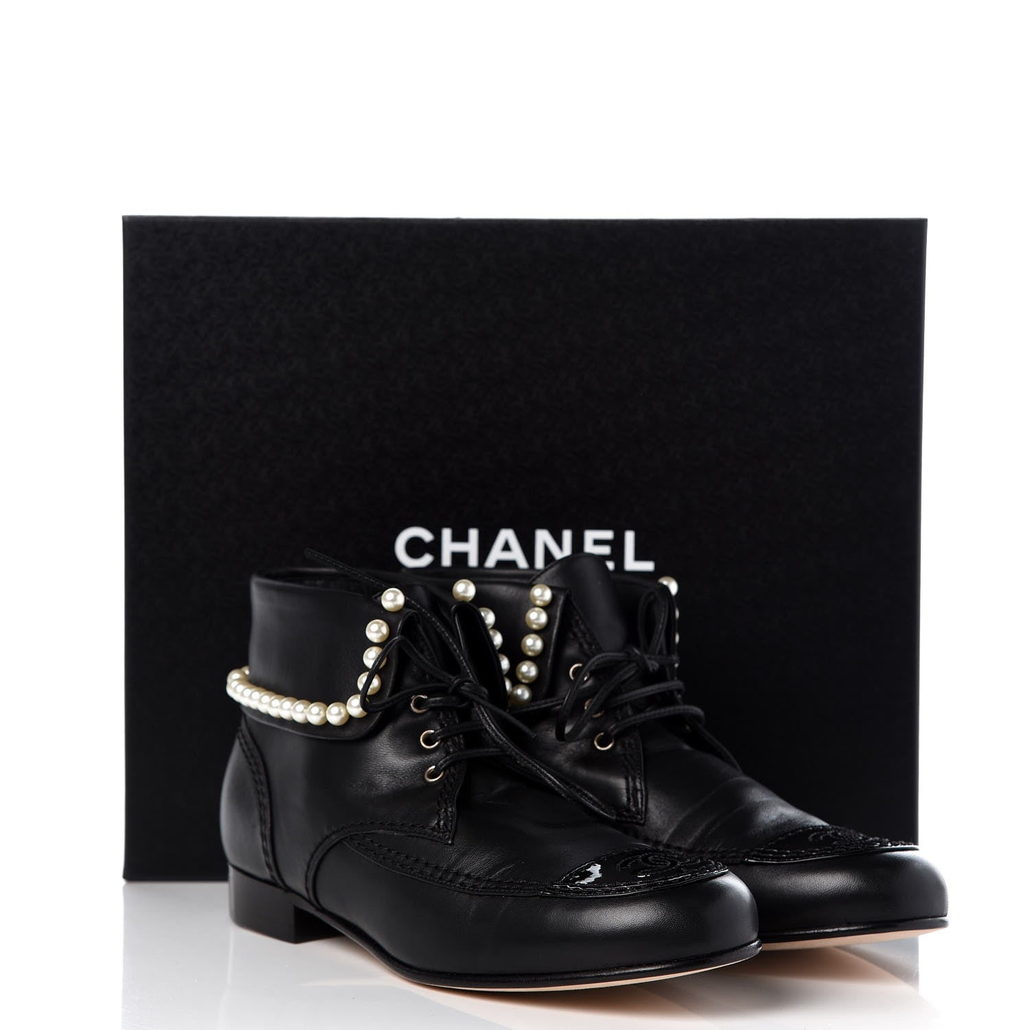 Chanel Lambskin Patent Calfskin Pearl Lace Up Boots 38 Black 9 of 9