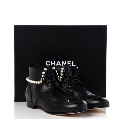 Chanel Lambskin Patent Calfskin Pearl Lace Up Boots 38 Black 9 of 9