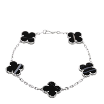 Van Cleef & Arpels 18K White Gold Veined Black Onyx 5 Motifs Vintage Alhambra Bracelet 1 of 6