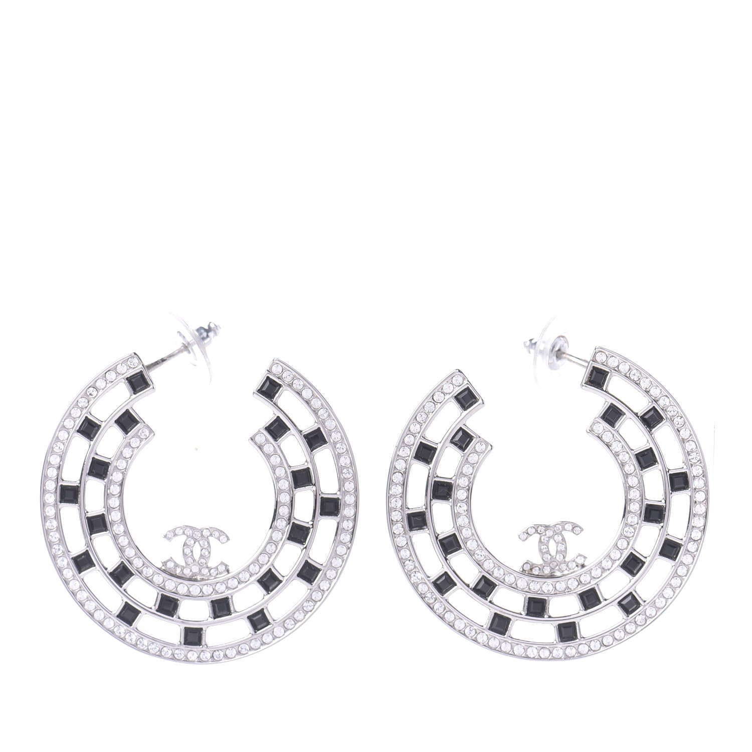 Chanel Baguette Crystal CC Hoop Earrings Silver Black 1 of 5
