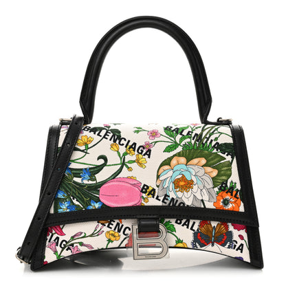 Balenciaga X GUCCI Canvas Boarded Plutone Calfskin Flora Logo Print Small Hourglass Top Handle Bag White Multicolor Black 1 of 11