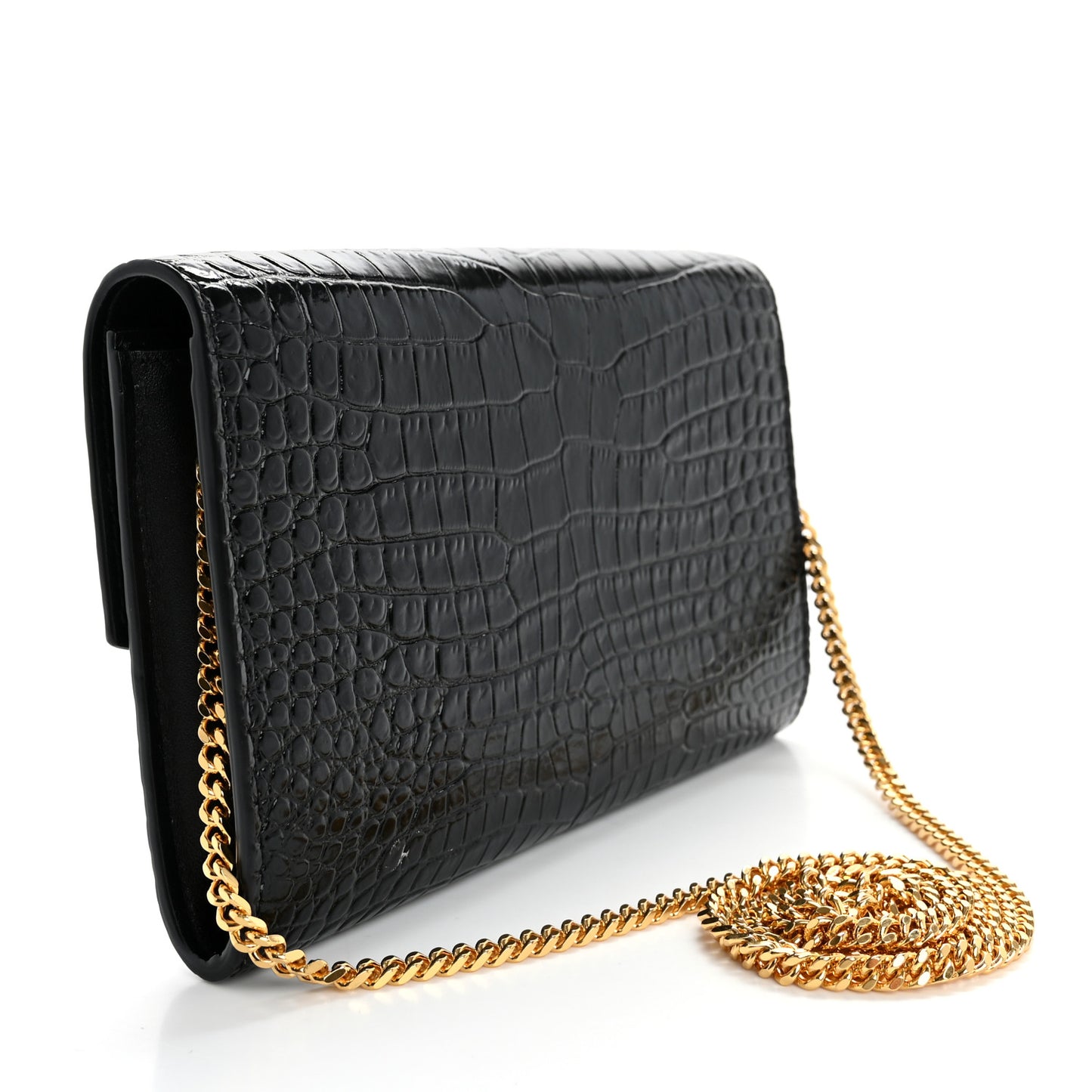 Calfskin Crocodile Embossed Monogram Uptown Chain Wallet Black
