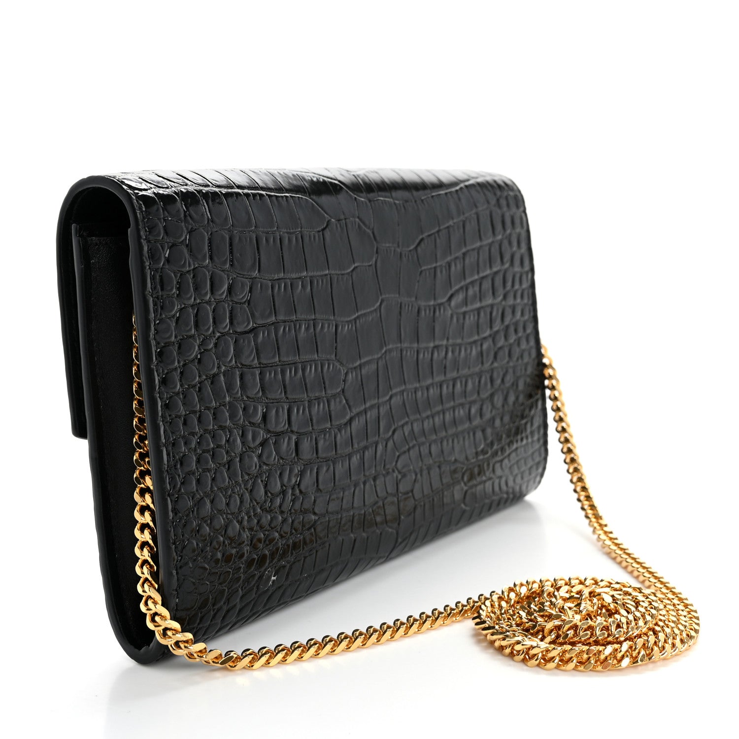 Saint Laurent Calfskin Crocodile Embossed Monogram Uptown Chain Wallet Black 4 of 16