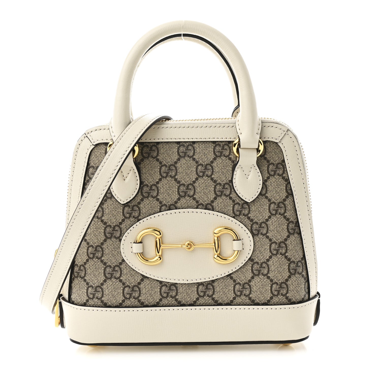 GG Supreme Monogram Azalea Calfskin Mini Horsebit 1955 Top Handle Bag Beige Ebony Mystic White
