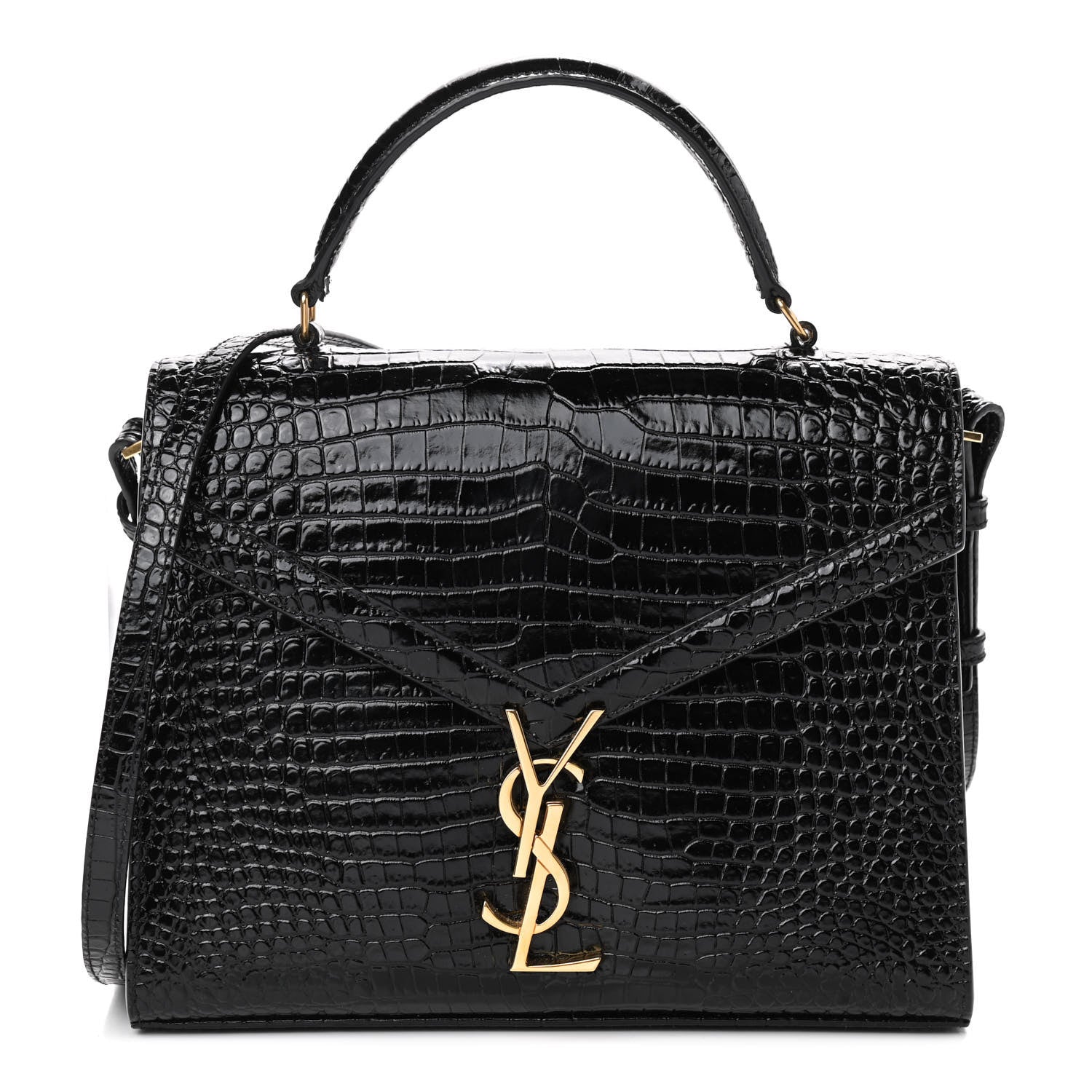 Saint Laurent Calfskin Crocodile Embossed Mini Classic Monogram Cassandra Top Handle Black 1 of 7