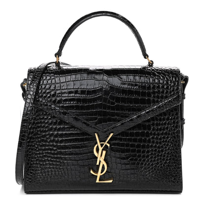 Saint Laurent Calfskin Crocodile Embossed Mini Classic Monogram Cassandra Top Handle Black 1 of 7