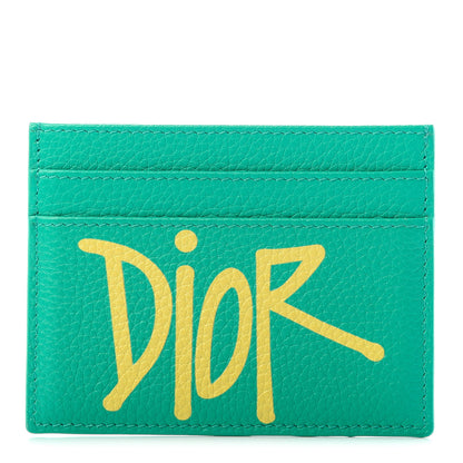 Christian Dior X SHAWN STUSSY Grained Calfskin Ox Head Card Holder Green Yellow 1 of 5