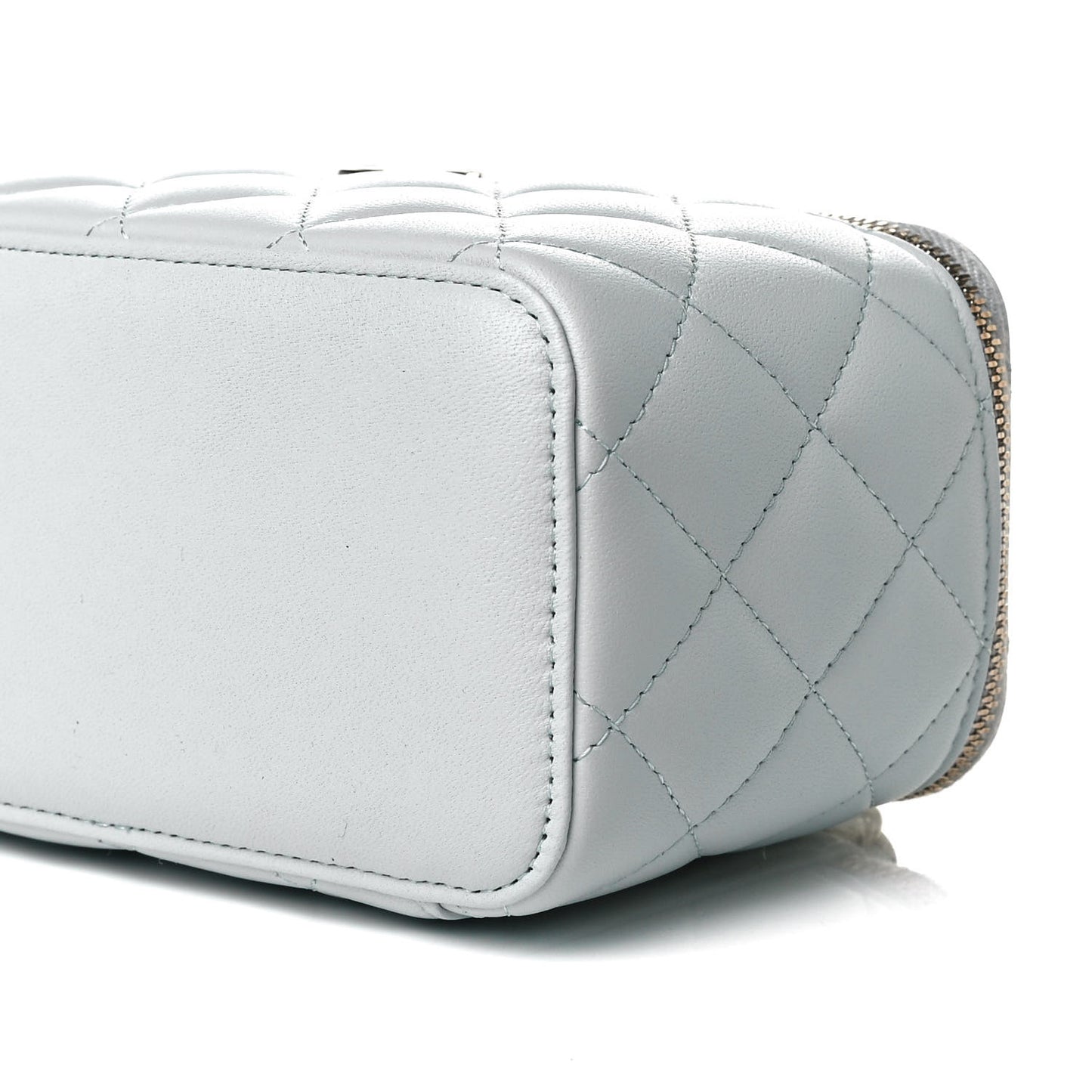 Lambskin Quilted Small Top Handle Vanity Case With Chain Light Blue