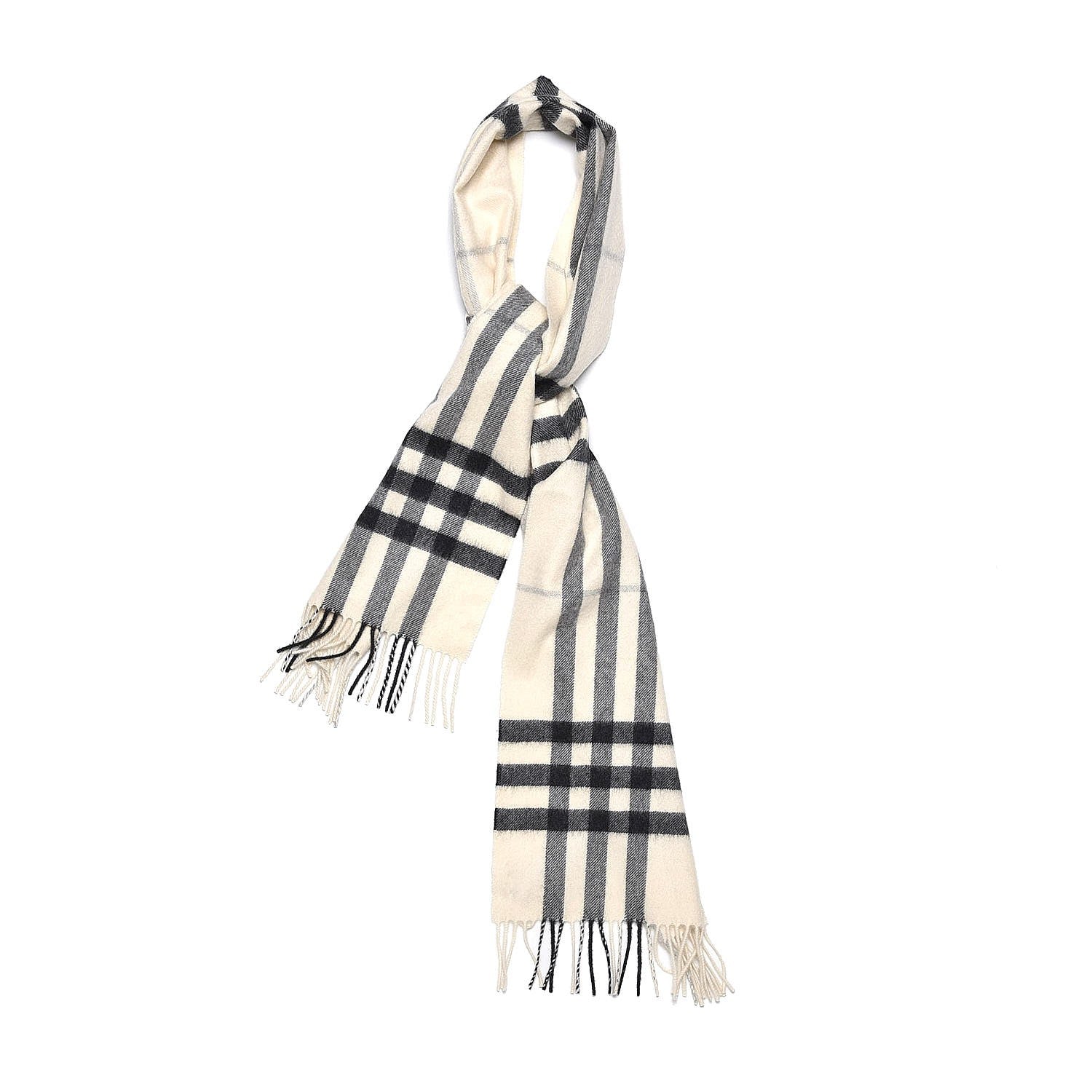 Burberry Cashmere Giant Check Fringe Scarf Natural White 1 of 4
