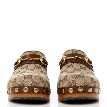 Gucci Monogram Goatskin Horsebit Clog Mules 37.5 Beige Ebony Brown Sugar 2 of 9