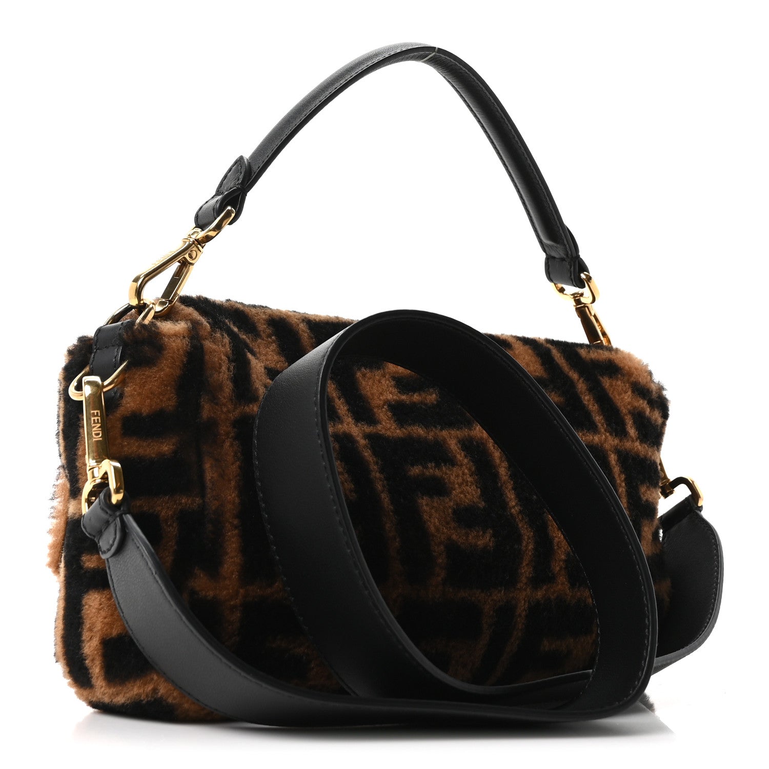 FENDIバッグ Fendi Shearling Vitello Dolce Macro FF 1974 Baguette Tobacco Black