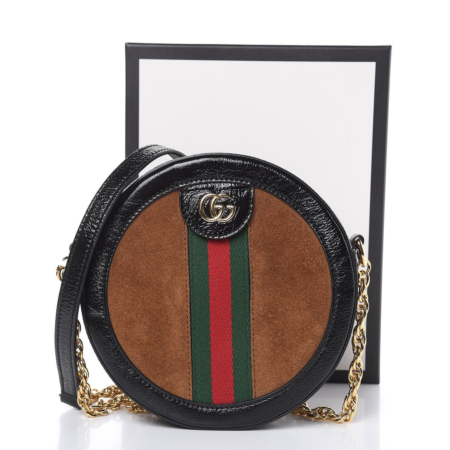 Suede Patent Web Mini Ophidia Round Shoulder Bag Nocciola Black