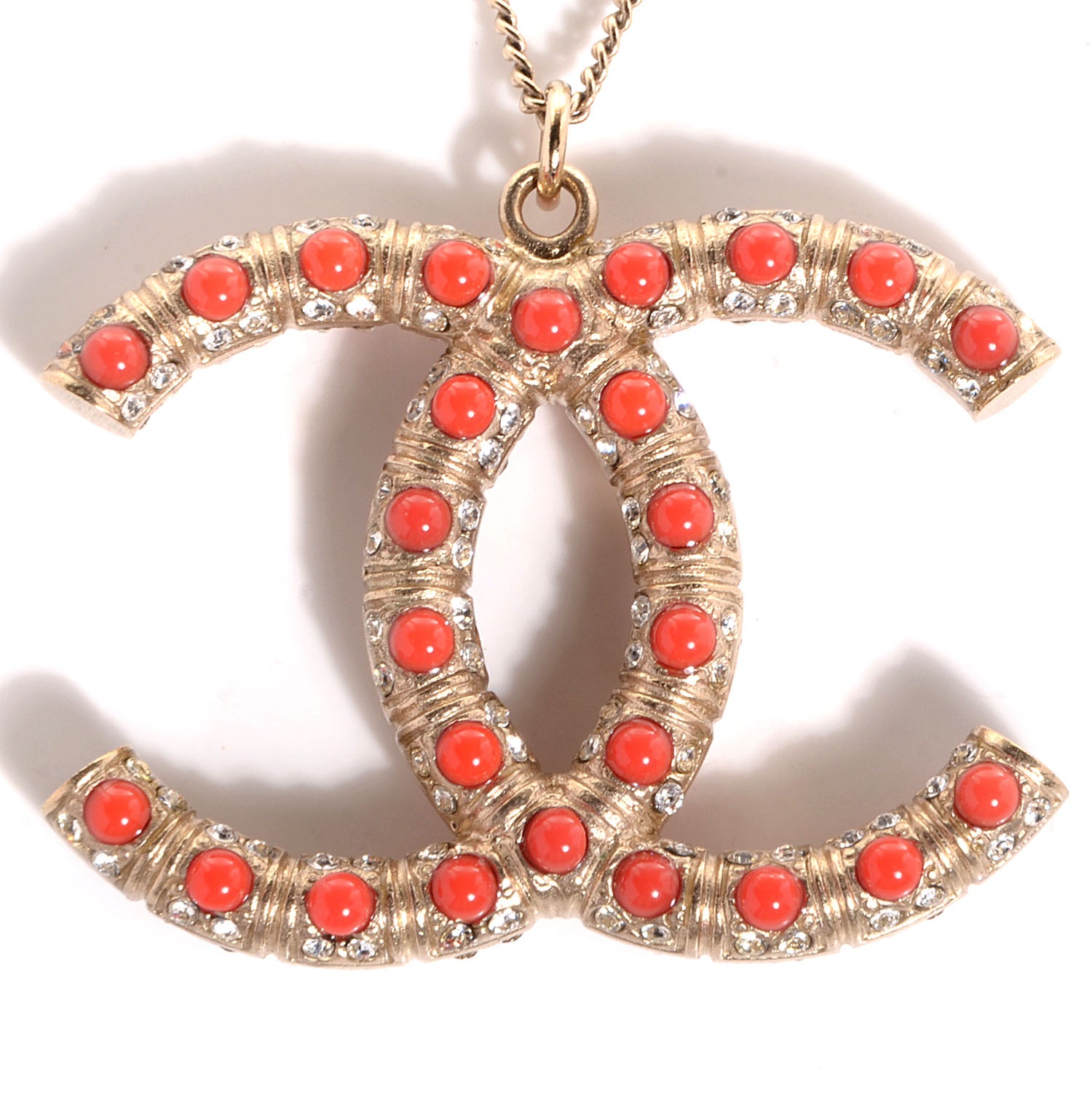 Chanel Beaded Large CC Pendant Necklace Orange Gold 3 of 4